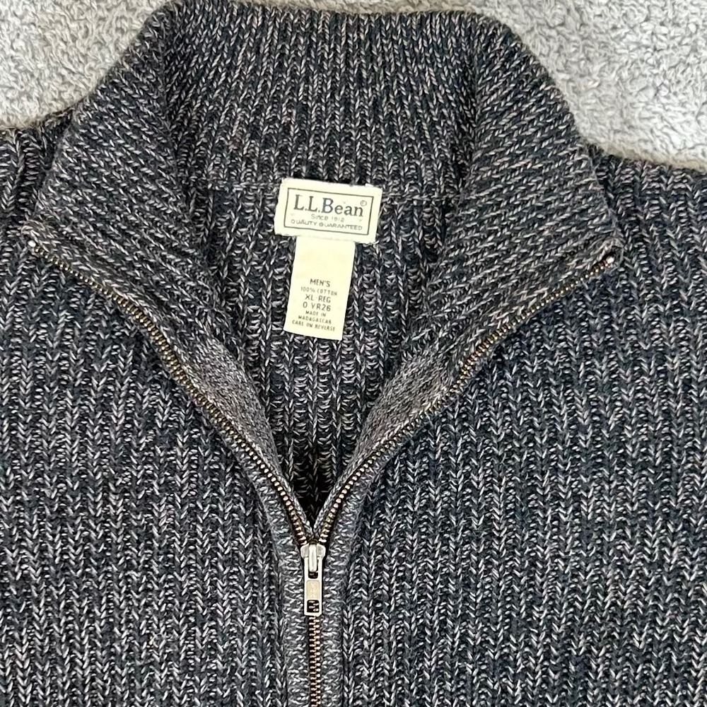 LL Bean Mens XL Full Zip Shaker Knit Cotton Sweater Charcoal Grey Mock Neck